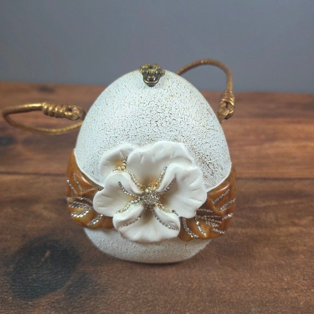 Timmy Woods Egg Crossbody Bag Womens Small White Good Floral Rhinestone Wood